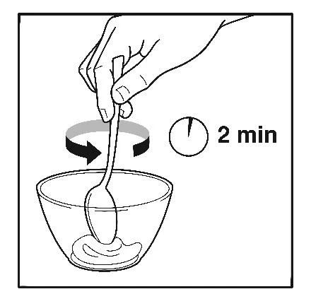 Hand holding a spoon stirring the container's contents, next to a clock symbol with the text '2 min' indicating the mixing time