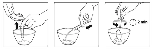 Three illustrations showing medication preparation: inserting a syringe into the container, dispensing liquid, and stirring the contents with a spoon for two minutes