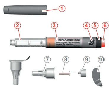 Diagram of injector components numbered from 1 to 10, showing the housing, medication vial, and individual components of the tip and needle