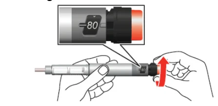 Two hands holding an injector, one hand rotating a black cap clockwise, indicated by a close-up of the number 80 on the device housing