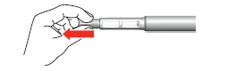 Hand holding a drill or injector, a red arrow indicating the direction of device movement toward the user's hand