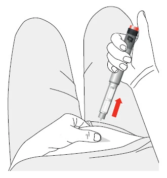 Hand holding an injector angled toward the thigh, with a red arrow indicating the direction of device movement toward the skin