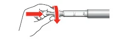 Hand holding the device tip, a red arrow indicating insertion movement and a second arrow showing clockwise rotation of the component