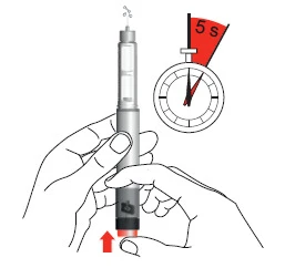 Hands holding an injector with a red arrow at the bottom and a clock indicating 5 seconds, showing the medication administration time