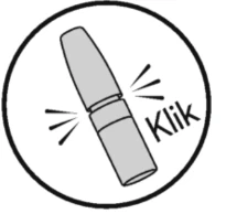 Icono en blanco y negro en círculo que representa un inyector de dos piezas, con líneas que sugieren el sonido de un clic y la palabra 'Clic' junto al centro