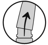 Flecha negra apuntando hacia arriba que indica la dirección del flujo o movimiento dentro de un elemento médico gris vertical contenido en un círculo