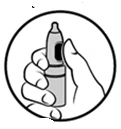 Mano sosteniendo verticalmente una jeringa médica gris dentro de un marco circular, con dedos visibles sujetando el cuerpo del dispositivo