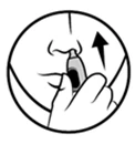 Ilustración que muestra una mano sosteniendo un inhalador cerca de la boca y la nariz, con una flecha negra apuntando hacia arriba indicando la dirección de la acción del medicamento