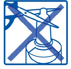 Blue icon showing an open vial with a crossed-out needle and scalpel marked with a large X on a white background