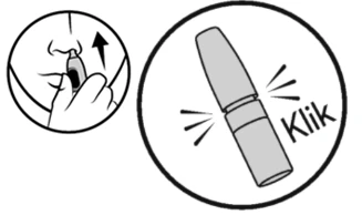 Mano che inserisce un dispositivo nel naso e un primo piano dell'applicatore che emette un suono di clic, con frecce indicanti il movimento e il funzionamento