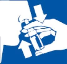Профиль лица с рукой, удерживающей ингалятор у носа, белые стрелки указывают направление вдыхания лекарства внутрь носа на синем фоне