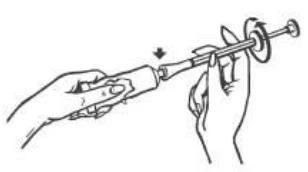 Two hands holding a medical device, one hand stabilizing the body and the other hand pressing the plunger to insert medication into the device