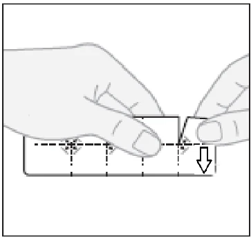 Due mani tengono un oggetto rettangolare bianco, i pollici e gli indici premono sulle linee tratteggiate indicate, una freccia indica il movimento verso il basso