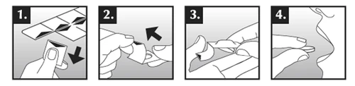 Quattro pannelli illustrativi: 1. apertura della confezione, 2. rimozione del tappo, 3. apertura della fiala, 4. estrazione della compressa dalla confezione