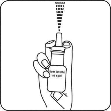 Una mano che tiene un piccolo flacone del farmaco Oxyrin Apteo Med 0,5 mg/ml, da cui fuoriesce un getto nebulizzato verso l'alto