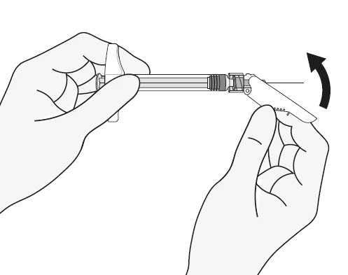 Two hands holding a syringe, one hand stabilizing the body while the other lifts the tip of the device at an angle indicated by a black arrow