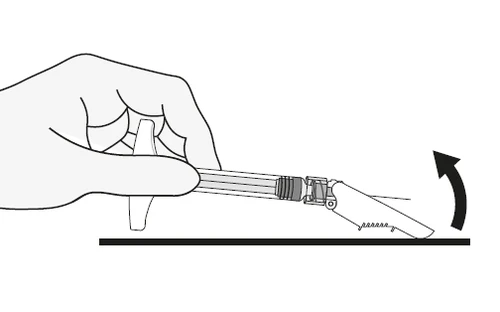 Hand holding a syringe with needle to be lifted upward, as indicated by a black curved arrow pointing upward above the device