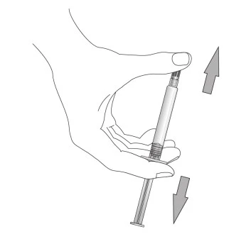 Hand holding a syringe with two arrows indicating upward and downward plunger movement for dose adjustment