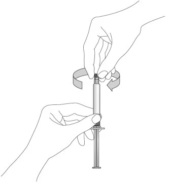Two hands holding a syringe, with the upper hand performing a rotational motion indicated by curved arrows around the upper part of the device