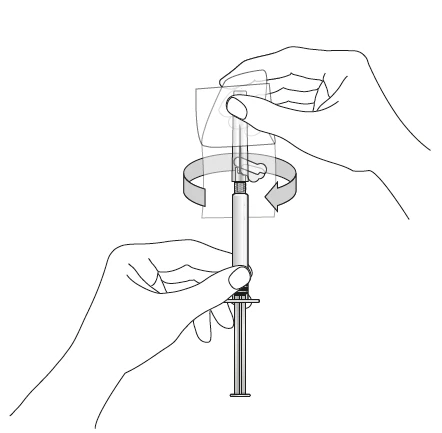 Two hands holding a syringe, one at the top and one at the bottom, with curved arrows indicating rotational movement of the connecting element