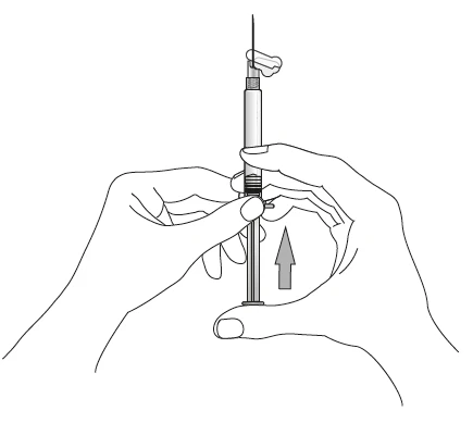 Two hands holding the syringe vertically with needle attached, and an upward-pointing arrow indicating plunger movement to prepare the drug dose