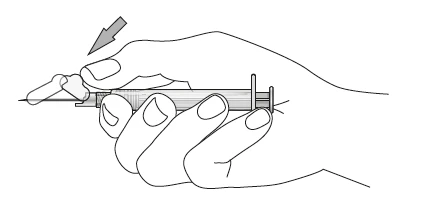 Hand holding a syringe with needle, thumb pressing the plunger, with an arrow showing the direction of movement for drug administration