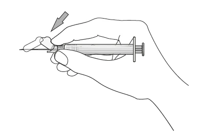 Hand holding a syringe with needle, pointing with an arrow to the location where the plunger should be pressed to prepare the medication dose