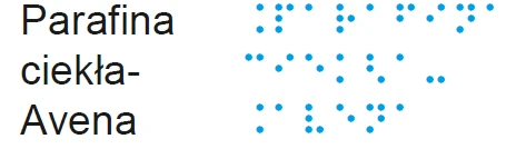 Label Paraffin liquid-Avena in black letters next to blue dots arranged in three rows resembling Braille alphabet
