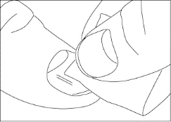 Dibujo lineal que muestra una mano sosteniendo y aplicando un elemento redondo de un dispositivo médico sobre la superficie del cuerpo o la piel