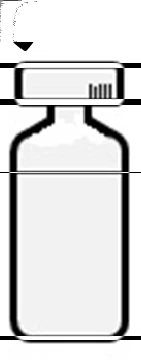 A black downward-pointing arrow indicates the screw-on white cap of a glass vial containing medication, set against a white background