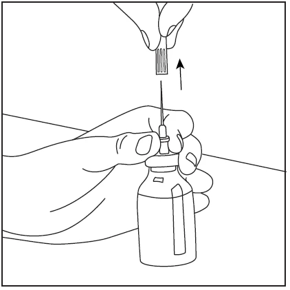 One hand holding a glass vial while the other decisively removes the plastic needle shield upward from the syringe