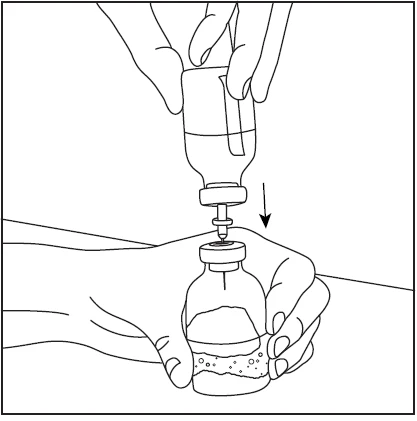 Hands holding a liquid vial and another hand pressing a smaller vial downward onto the stopper of the first vial indicated by an arrow