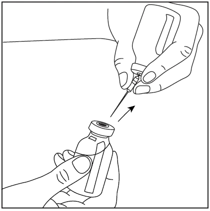 Hands holding a medicinal vial and a syringe with needle directed toward the vial's stopper to withdraw the medication