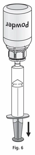 Schematic illustration showing a white container labeled powder connected to a transparent syringe with a black downward-pointing arrow