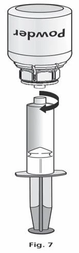 Exploded schematic of the medical device showing the upper container labeled powder and the lower syringe with plunger and base