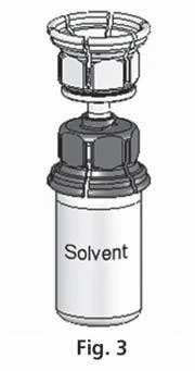 Dibujo esquemático de un dispositivo médico compuesto por un recipiente blanco con la etiqueta Solvente y un elemento metálico con una parte superior en forma de malla