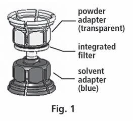 Esquema médico que muestra un adaptador transparente de polvo conectado a un filtro y un adaptador azul de disolvente dispuesto verticalmente