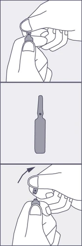 Tres ilustraciones que muestran manos abriendo un ampolla mediante la separación del tapón de vidrio y el proceso de preparación del medicamento para su uso