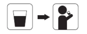 Icon showing a glass filled with liquid, a right-pointing arrow, and a silhouette of a person drinking from a cup
