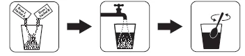 Instructions for preparing the medication: pouring the contents of sachets A and B into a glass, adding tap water, and mixing the solution with a spoon