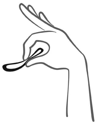 Dibujo lineal minimalista que representa una mano sosteniendo entre los dedos un pequeño objeto alargado que recuerda a una pastilla o cápsula