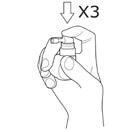 Hand holding a small container with a spray device, with a downward arrow above it and the label X3 indicating three uses