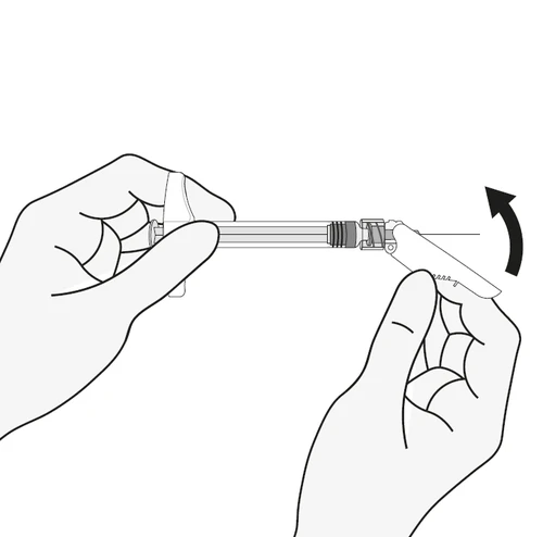 Two hands holding a syringe and an adapter, one hand stabilizing the barrel while the other rotates the adapter in the direction of a black arrow