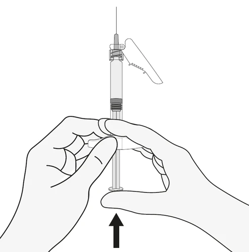 Two hands holding a syringe with a needle, one hand stabilizing the barrel while the other presses the plunger downward with the thumb, indicated by a black arrow