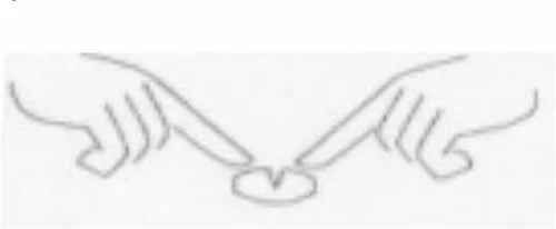 Two hands pointing with index fingers at a circular object placed centrally on a white background