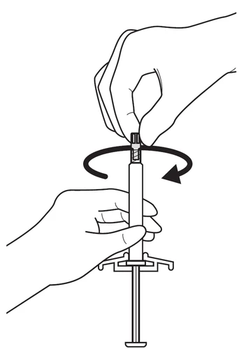 Mani che impugnano una siringa, una mano ruota il manicotto secondo la freccia nera, l’altra stabilizza il corpo del dispositivo presso il pistone