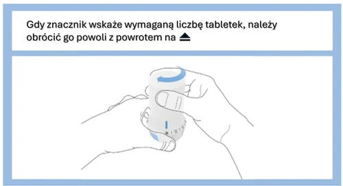 Две руки держат белый контейнер с синей шкалой и стрелкой, медленно поворачивая его для установки нужного количества таблеток