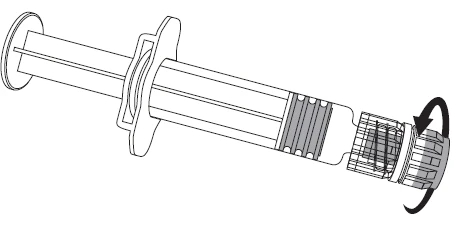 Schematic drawing of a syringe with a black arrow indicating the direction of rotation of the cap for unscrewing or tightening
