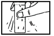 A hand holding a rectangular test strip vertically, with the index finger pressing on its upper part to perform a medical test