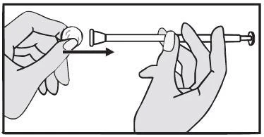 Left hand holds a round element, and the right hand moves a syringe towards it, indicated by a right-pointing arrow